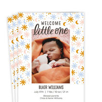 Personalized baby announcement card with blue, pink, yellow and orange stars and moons.