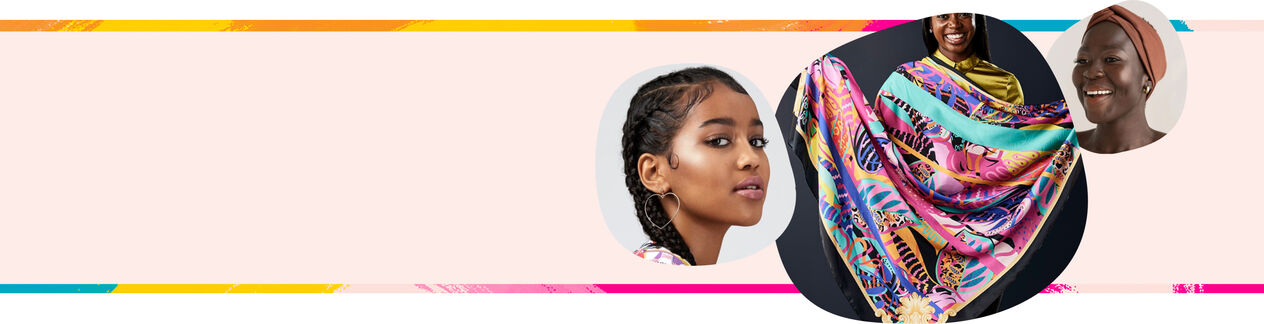 Two headshots of black women and a black woman holding a brightly colored and patterned scarf. 